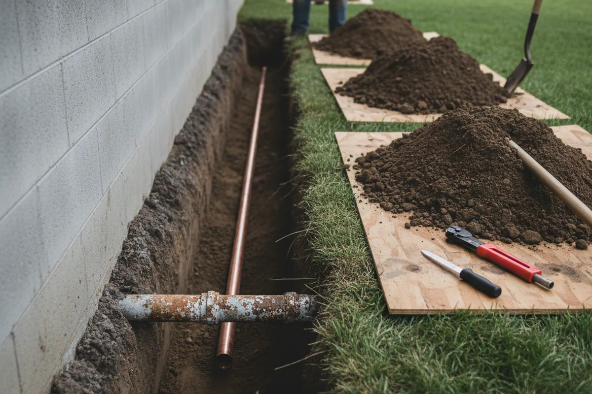 Excavated water line trench during Sewer Line Repair in North Tonawanda